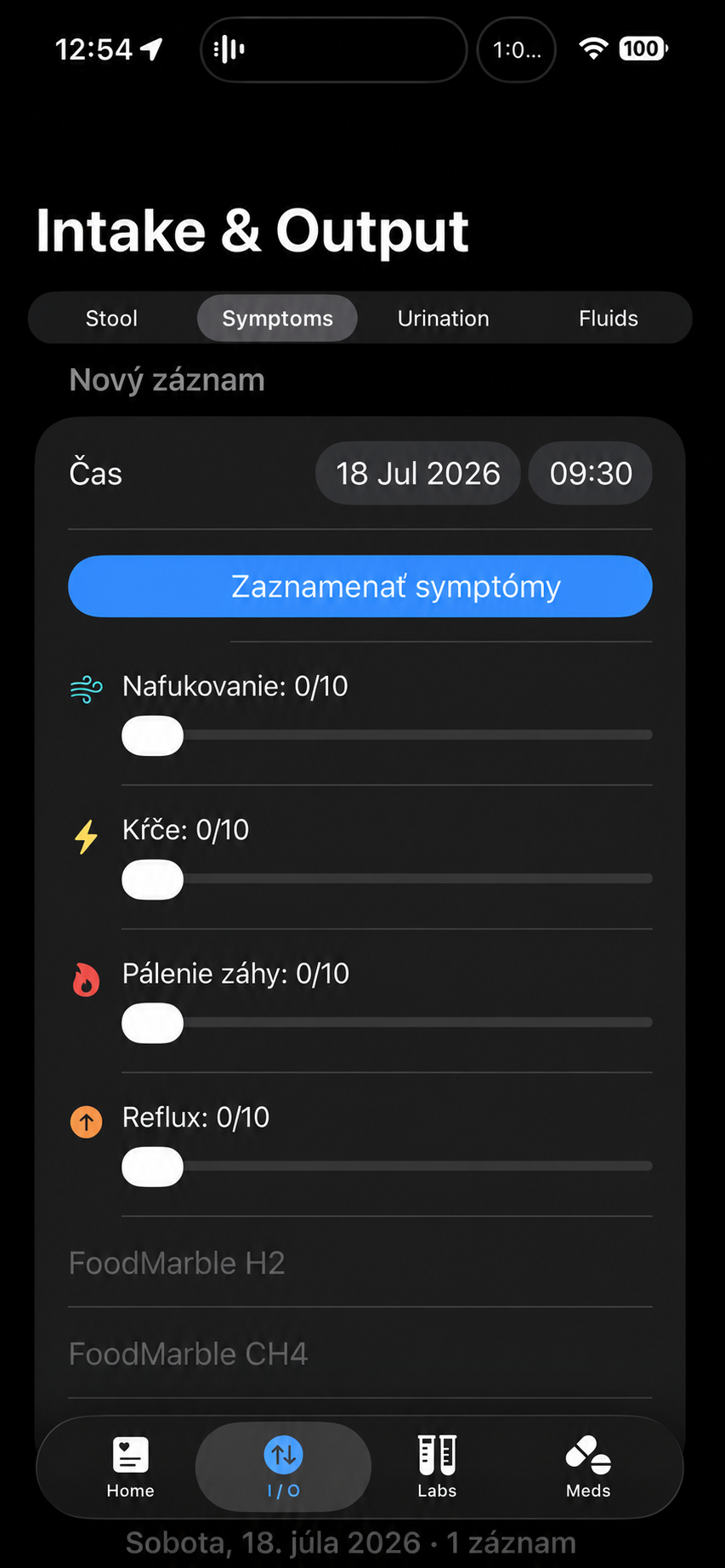 Záznam symptómov v I/O sekcii